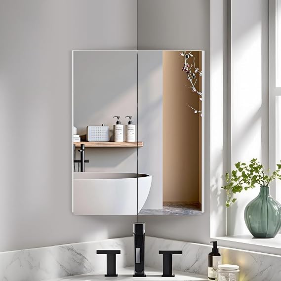 45x60cm Corner Bathroom Cabinets with Mirror, White Wall Mounted
