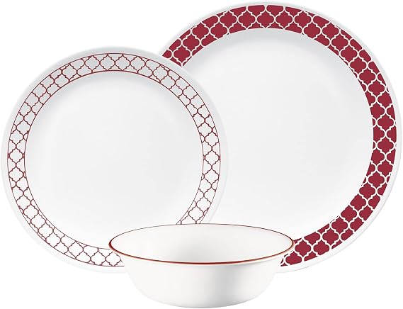 Corelle Dinnerware Set (12pc Set, Crimson Trellis)-Dinner Set for 4 4 x: Dinner Plates, Side Plates & Bowls 3 X More Durable, Half The Space & Weight of Ceramic up to 80% Recycled Glass, 1147166