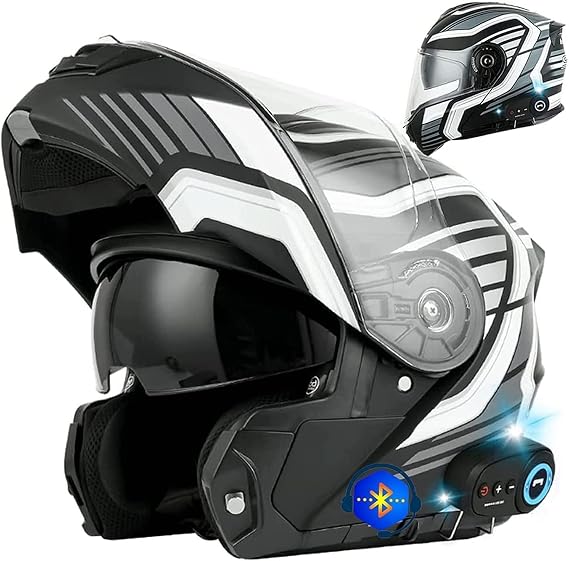 Bluetooth Full Face Motorcycle Helmet Modular Motorcycle Helmet Integrated Bluetooth Motorcycle Helmet Dual Visor DOT Approved for Racing Helmets for Men and Women F,4XL