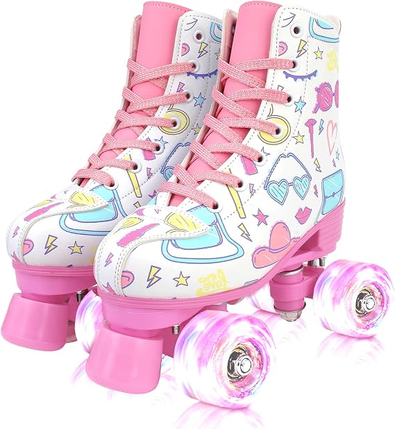Yyw ローラースケート 女の子と女性用、かわいいホワイトpuレザーライトアップ キッズ ユース ガールズ 屋内 屋外 ローラースケート 6-12歳