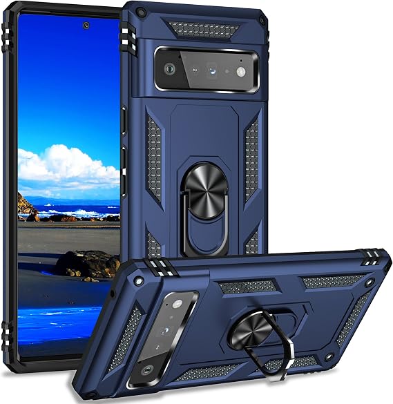 電話ケース Google Pixel 6 Pro 6.7インチ用 Pixel 6 6.4インチには非対応 フィンガーリング カーマウント キックスタンド付き 落下防止 耐衝撃 高耐久保護 1パック ブルー