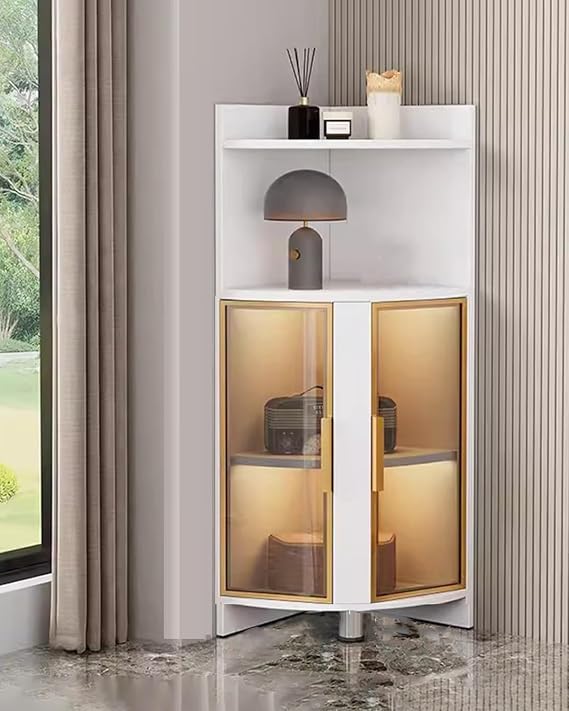 Display Cabinet,Glass Display Cabinets Corner Bookshelf Display Case Free Standing with Lights, Curio Figurines Organizers Rack for Bedroom Office, 120cm Height Glass Display Case(White+gold