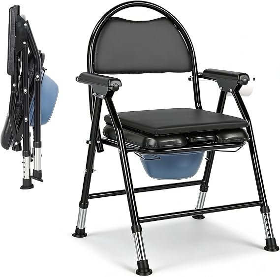 Folding Commode Chair for Elderly, Height Adjustable 300kg Carbon Steel Toilet Chair with Extra Cushion, Bucket, Cover, Brush, Portable Bedside Shower Chair for Disabled Bedroom Bathroom