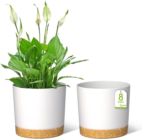 ZMTECH 20cm Flower Pot, Plastic Flower Pot with Drainage Holes for Succulent Plants, Herbs, Orchids, Mint and Other Garden Plants (White, Set of 2)