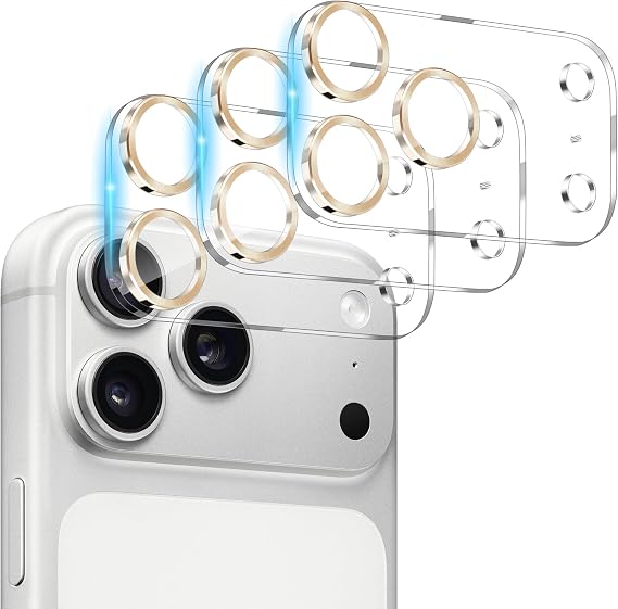 Dengduoduo iPhone 17 Pro Max用カメラレンズプロテクター 3枚パック 強化ガラス Ultra HD 硬度9H 傷防止 ケースフレンドリー 夜間撮影に影響なし ゴールド