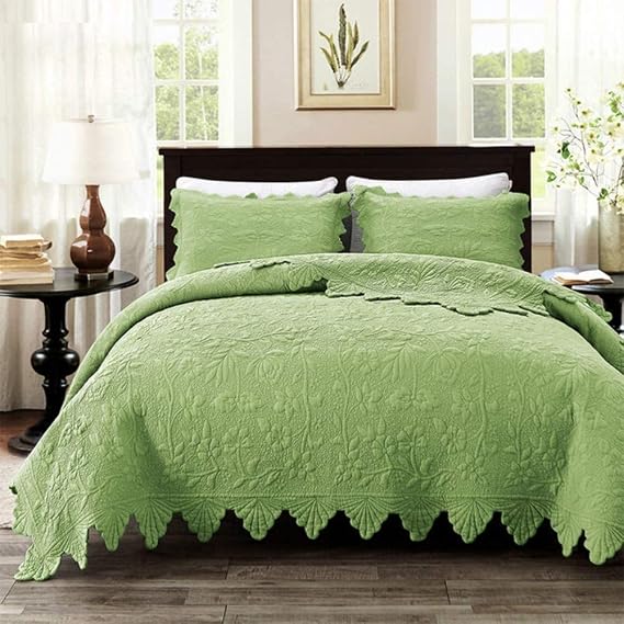 Quilted Cotton Bedspread Set King Size Lightweight Warm Embossing Comforter Quilt Bed Throws Coverlet, 3 Pieces Bedding Set with Bedspreads + 2 Pillow Shams,Green-250x270cm