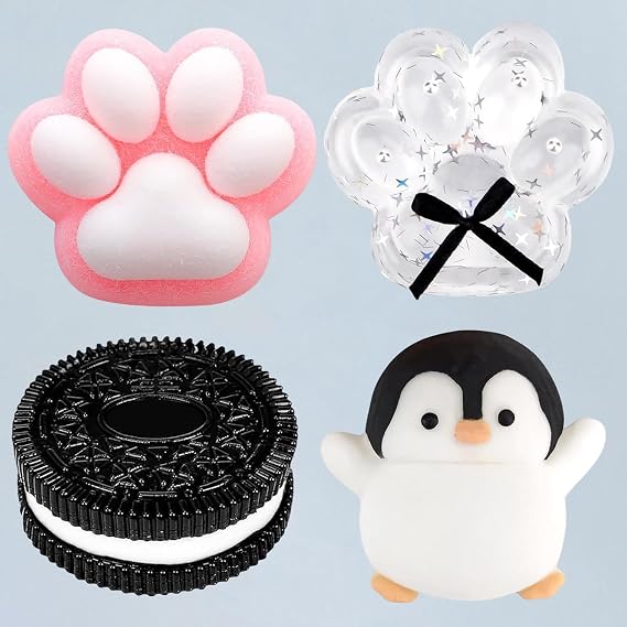 4Pcs Taba Squishy Toy Set, Penguin Cat Paw Oreo Biscuit Sensory Toy