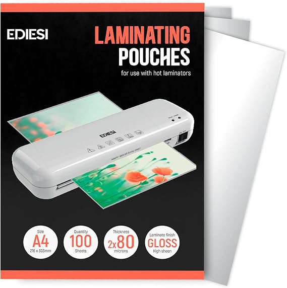 Ediesi, A4 Laminating Sleeves/Pack of 100 Laminates/Plasticizer/Transparent Sheets/Lamination Film/Glossy Finish