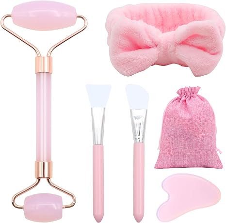 Scettar Jade Gua Sha Stone Set Pink Natural Jade Massage Roller Face Roller Massage Tool for Eye Swelling Skin Tightening Face Massager