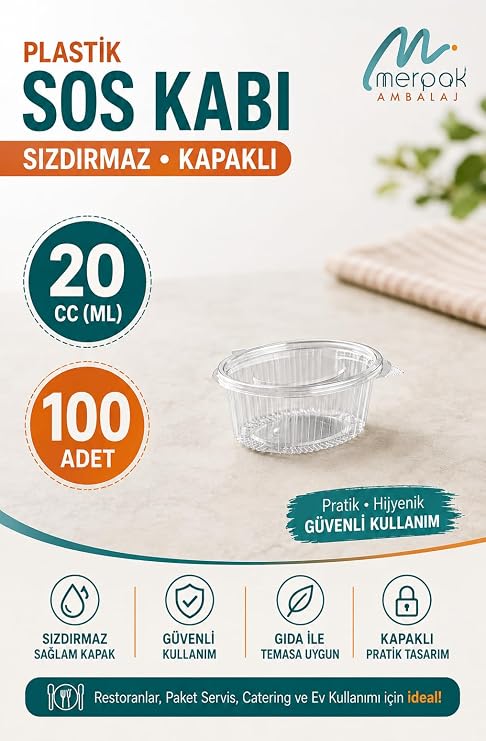 Kapaklı Plastik Sos Kabı 20 Cc Sızdırmaz Kap Sosluk 100'lü