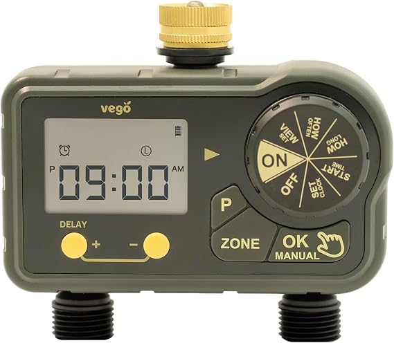 Vego 2-Zone Digital Water Timer, Dual Channel Programmable Hose Timer with LCD Screen, IP54 Waterproof, 7-Day Automatic Irrigation System for Garden, Lawn, Sprinklers, Drip Systems