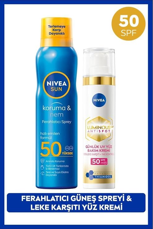 NIVEA Sun SPF50 Güneş Koruyucu Sprey 200ml ve Luminous630 Thiamidol Leke Karşıtı Gündüz Yüz Kremi 40ml Set