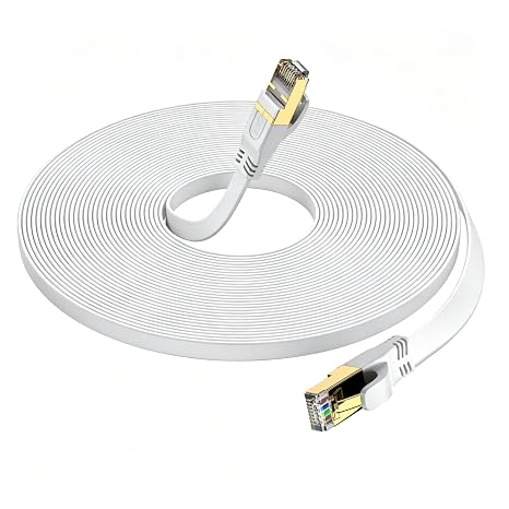 Cat 8 Ethernet Cable 10M, High Speed 40Gbps 2000Mhz Flat Internet Cable, Gold Plated RJ45 Lan Cable, for PC/Modem/Router/Gaming, Faster Than Cat7/Cat6/Cat5 (White)