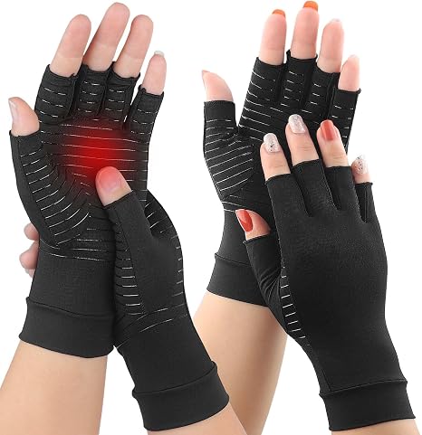 2Pairs Copper Arthritis Compression Gloves for Women Men, Fingerless Compression Gloves for Carpal Tunnel, Swelling, Hand Pain, RSI, Driving, Typing, Support Hands Wrist for Work (Large)