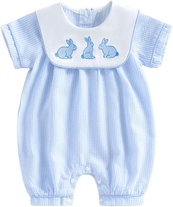 Newborn Easter Romper Infant Boy Bunny Embroidery Sailor Collar Short Sleeve Jumpsuit Toddler Baby Boy Easter Outfits One Piece Striped Bodysuit Summer Clothes