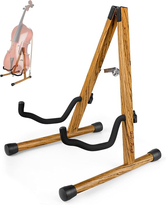 Cello Stand with Bow Holder, A-shaped Wooden Foot Stand with Padded Foam - Handmade Holder for 1/2, 3/4, 7/8, 4/4 (Full Size) Cellos and Guitars (Zebrawood, Cello)