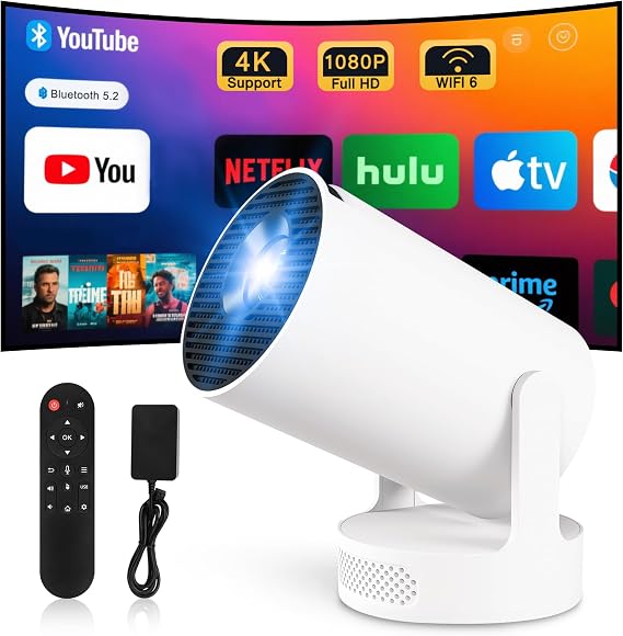 Mini Projector 10000L Portable Projectors with WiFi BT 5.4 Support 4K 1080P Smart Projector for Bedroom Compatibile with HDMI/TV Stick/Memory Stick/Laptop