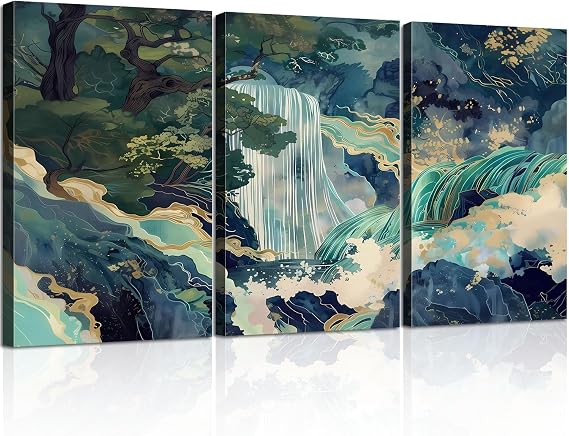 3pc Framed Canvas Wall Art Large Waterfall Landscape Poster Print, Wrapped Canvas Artwork, Japanese Inspired Natural Landscape Painting Images, Abstract Blue Waterfall Painting, Zen Art Print For