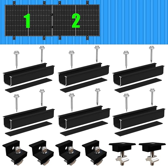 Warmfay Solar Panel Mount Mounting Set Black 12 cm Aluminium Profile and Adjustable Brackets Attachment for Solar Module Solar Panel Mount 2 Modules 30-35 mm for Flat Roof Trapezoidal Sheet Metal Roof