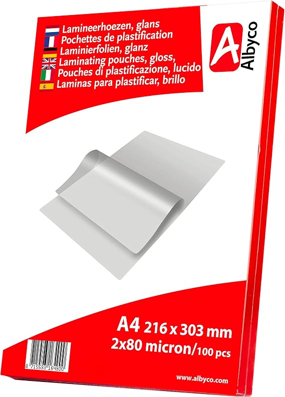 100x Albyco A4 Lamination Sleeves - 216 x 303 mm - 2 x 80 (160) Micron