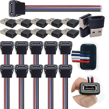 CESFONJER USB 2.0 Panel Mount Receptacle with 4-Core Pigtail Cable, OTG Adapter(10 Set), 22AWG wire Chassis Socket Data transfer and charging for DIY projects