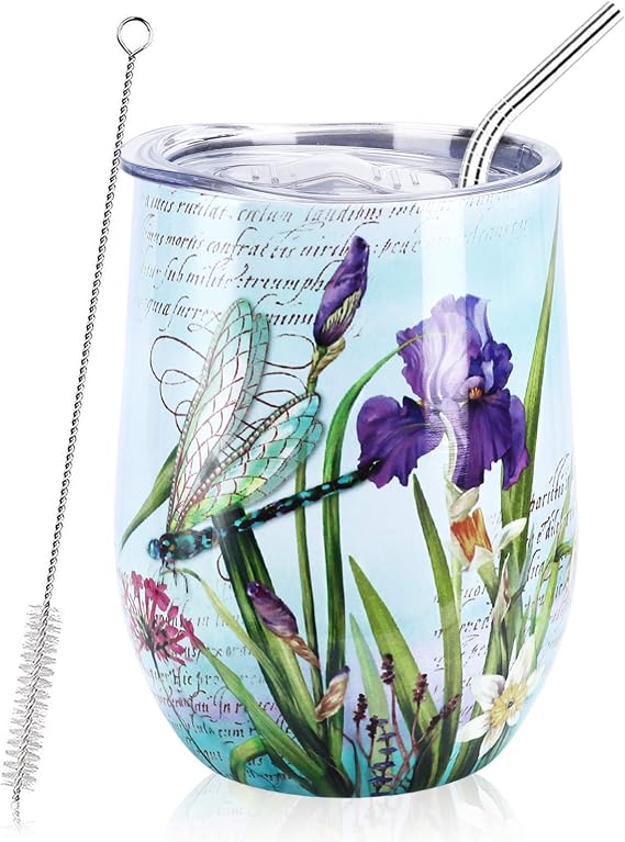 NymphFable 12oz Dragonfly Wine Tumbler with Lid and Straw Stemless Insulated Wine Glass Stainless Steel Double Wall