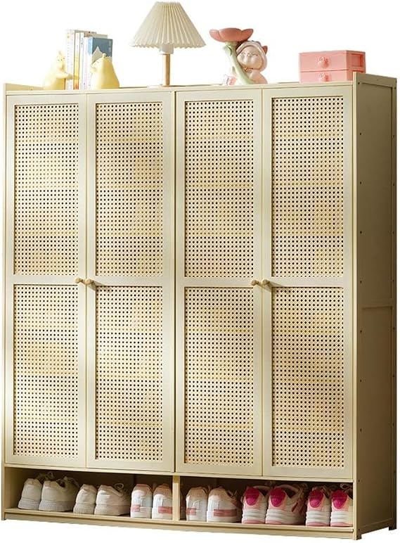 Natural Rattan Shoe Cabinet, 10 Tier Freestanding Bamboo Shoe Storage Cabinet with Adjustable Shelves, for Living Room, Bedroom, Hallway