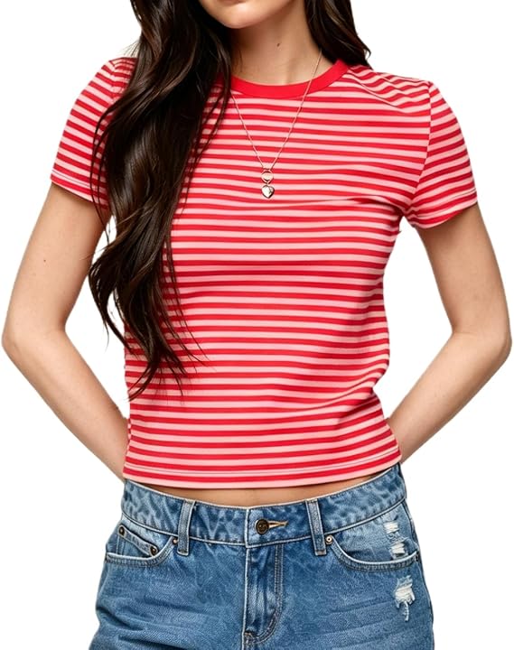 ストライプ ベビー Tシャツ レディース Y2k 半袖 スリム フィット クロップトップ ヴィンテージ クルーネック ベーシック Tシャツ 90年代 お出かけ シャツ