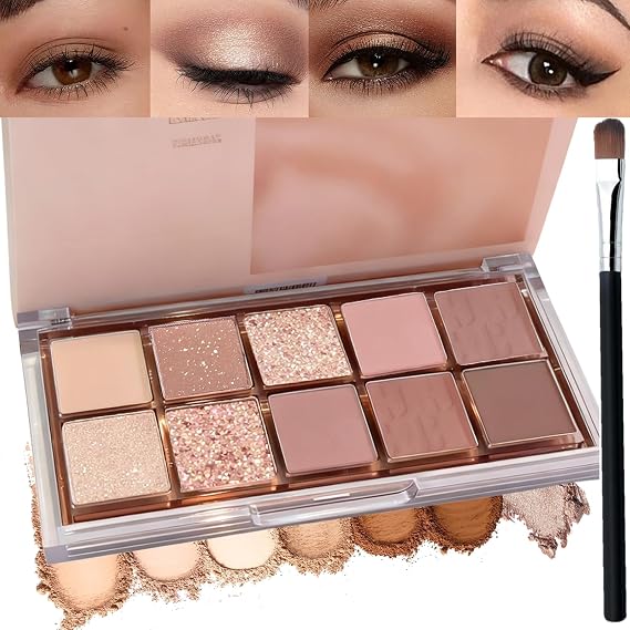 10-Color Korean Eyeshadow Palette in Earthy Brown Tones – Matte, Shimmer & Glitter Finishes – Long-Lasting Cool Toned Smokey Eye Makeup Set for Older Women, Beauty Cosmetics Kit with Brush (Style B)