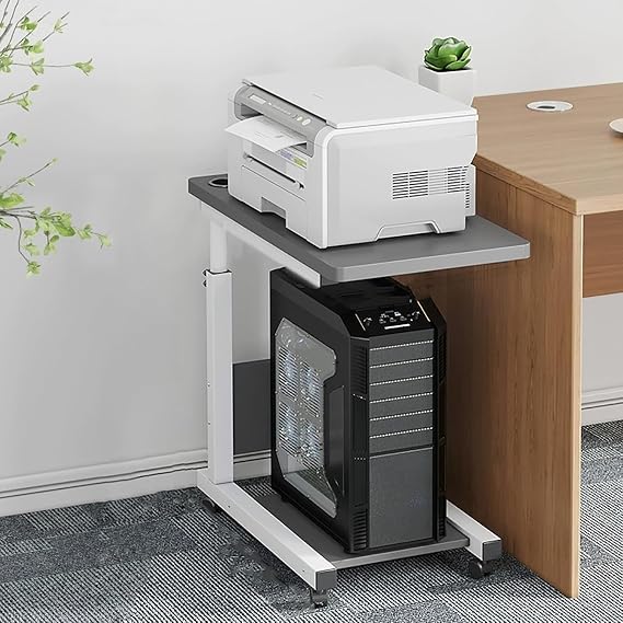 Adjustable Height Printer Cart with Wheels - 2-Tier Under Desk Storage Shelf & Computer Stand, C-Shaped Side Table for Home Office - Gray Printer Stand