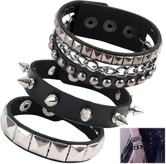 3 PCS Punk Rock Leather Bracelets Set, Studded Bracelet, Punk Accessories, Adjustable Studded Spike Cuff Bracelets for Men and Women, Vintage 80s Wristbands for Halloween, Parties, Concerts (BLACK)