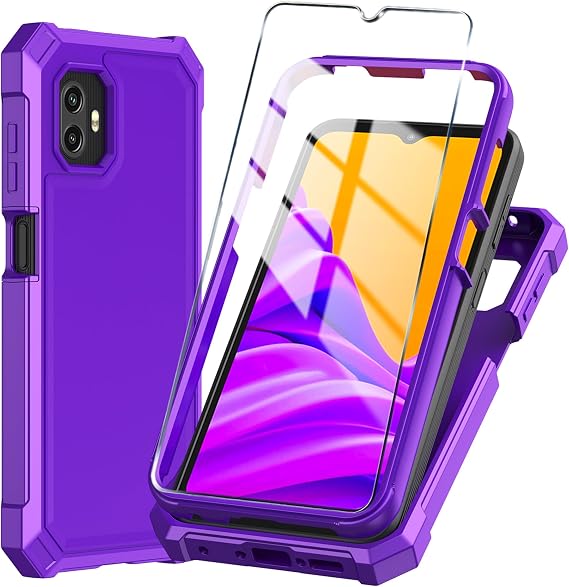 Samsung Galaxy Xcover 7 Pro用携帯電話ケース、強化ガラススクリーンプロテクター付き、スリムソフトシリコンフルボディ保護カバーパープル