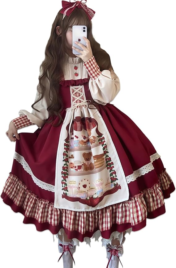 CR ROLECOS Lolita Dress, Red Riding Hood Cosplay, Women's Dress, Cute, Long Sleeve, Ruffles, For Photos, Halloween, Adults, Red