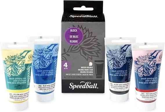 Speedball Block Printing Ink Set of 4 Colours, Black/Red/Blue/Yellow, 37cc, For Art & Craft, Printing, Printmaking, Artists, Beginner, Professional, Adults, Older Children Kids, Gift, Set