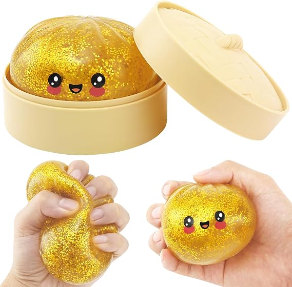Dumpling Squishy Glitter Dumpling Squishy Toys with Plastic Steamer Box,Big Dumpling Squishy Stress Relief Fidget Novelty Squeeze Toys Gift for Adults & kids (Gold)