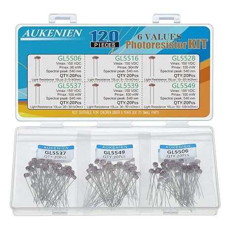 AUKENIEN 6 Values Photoresistor IDR 120 Pieces Light Dependent Resistance Sensor 5MM GL5506 GL5516 GL5528 GL5537 GL5539 GL5549 5506 5516 5528 5537 5539 5549