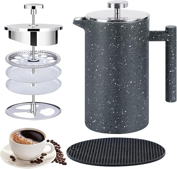 Cafetiere 8 Cup,1000ml French Press Coffee Maker,Double Wall,Marble
