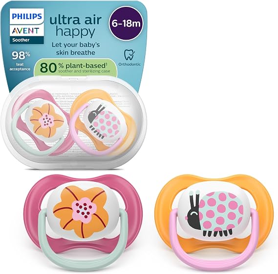 Philips Avent Ultra Air Pacifiers: Anatomically Designed for Babies 6-18 Months, Soft Silicone Symmetrical Teat BPA-Free with Sterilizer Case, 2-Pack, SCF080/27