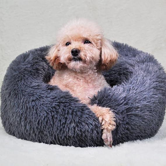 50cm Calming Dog Cat Bed, Plush Donut Pets Beds for Small Dogs Cats, Soft Puppy Kitten Cuddler Round Bed Cushion, Washable Warm Dog Beds for Improved Sleeping