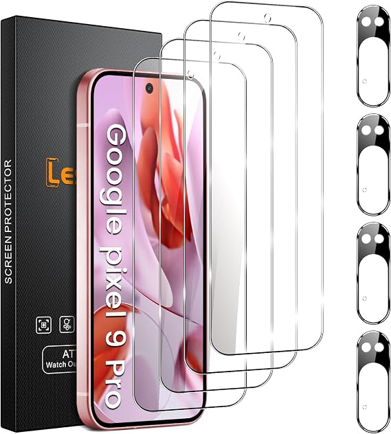 Lesakit 4 Pack for Google Pixel 9 Pro Screen Protector with 4 Pack Camera Lens Protector, 9H Hardness Tempered Glass Screen Protector Anti-Fingerprint Case Friendly