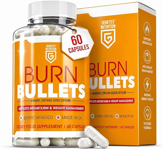 Burn Bullets Capsules for Metabolism & Weight Management Support | 60 Vegan Capsules | Supercharged Energy Boost, Natural Extreme Fat Burner, Caffeine Powered | UK Made | Plant-Based Supplement