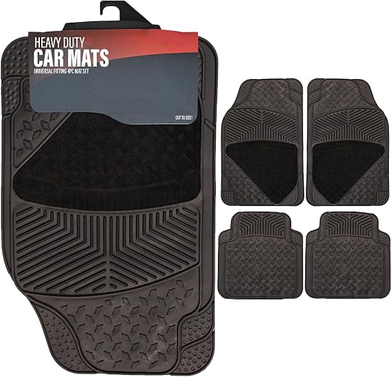Xtremeauto Rubber & Carpet Car Mats Universal Fit - Rubber Carpet Car Floor Mats (Front & Rear) Rubber Car Mat Heavy Duty Thick Rubber For Cars, Vans, Truck & SUV, All Weather Waterproof Rubber Mats