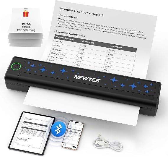 NEWYES A4 Portable Wireless Thermal Printer, Bluetooth Mobile Travel Copier Compatible with Phone Tablet & PC, Inkless Stencil Machine (A4 Document Printer + 50 Thermal Papers)