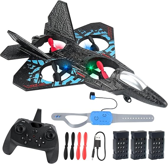 RC Plane, Remote Control Wireless Airplane Toy - RC Plane Re mote Contro l 2CH 2.4Ghz R C Pl ane with Lights, Remote Control Airplanes Foam R C Fighter Airlane Jet for Adults Kids (Black Dual remote)