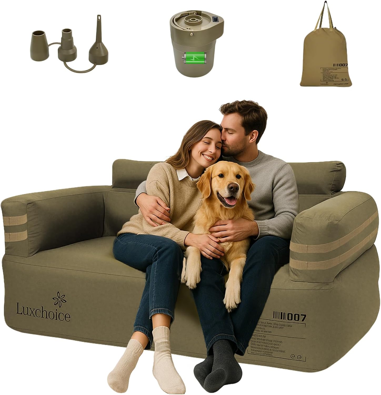 Luxchoice Inflatable Sofa with Built-in Rechargeable Pump, 4-Min Fast Self-Inflating Air Sofa 1000D Oxford Leakproof Portable Camping Couch Foldable Blow Up Sofa for Outdoor Beach Backyard and Indoor