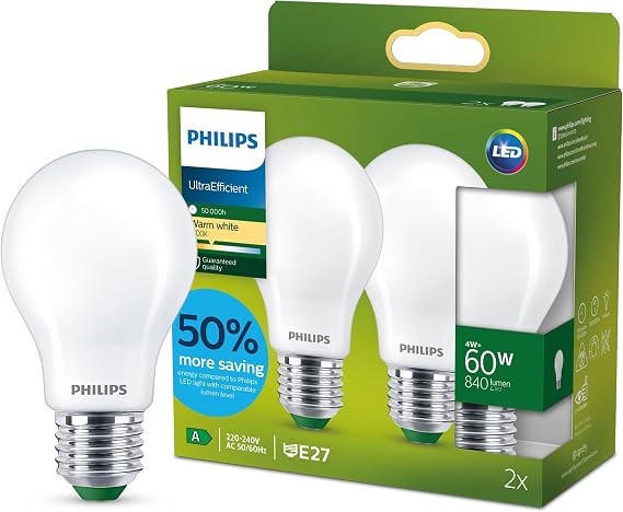 Philips Lighting Ultra Efficient LED Light Bulb, 4W Equivalent to 60W, E27 A60, Warm Light, 2700K, Energy Efficiency A, Pack of 2