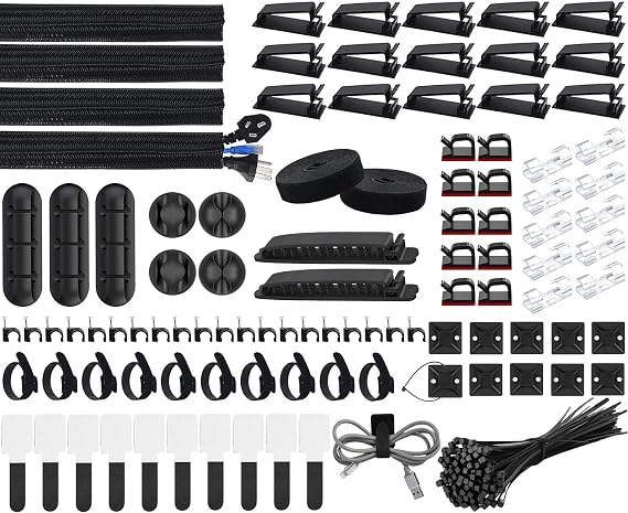SOULWIT 200PCS Cable Management Kit,4 Cable Sleeves,37 Clips,7 Cable Holders,10 Cable Tie Holders,20 Clips Nails,100 Cable Ties,20+2 Rolls of Cable Ties (Black)