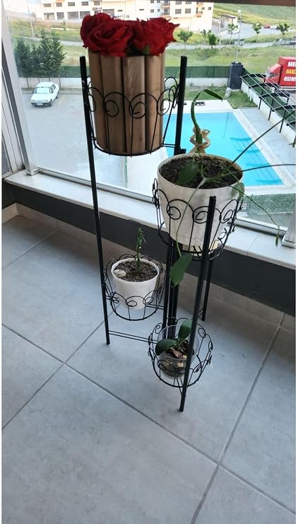 Katlanabilir Metal 5'li Saksılık - Siyah - 100 cm Yükseklik - Kurulumsuz Boyalı Dekoratif Bitki Standı