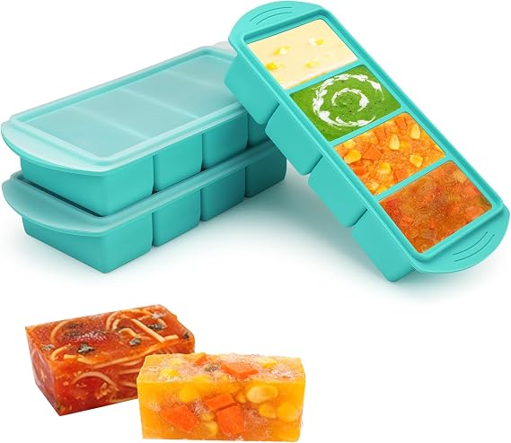 Soup Freezer Containers, 3 Pack Soup Cube Silicone Freezer Tray with Lid, 1000ML 4-Compartment Portions Cubes, Cube Freezer Tray for Meal Prep, Sauce (Light green)