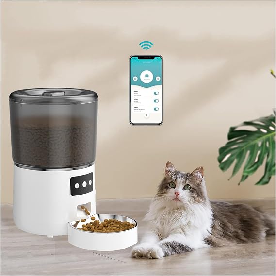 Automatic Feeder, Automatic Pet Feeder for Cats, Automatic Cat Feeder, Smartphone Remote Control, Recording, 4L Capacity, Prevents Food Clogs, 2-Way Power Supply, Stainless Steel Bowl, Easy to Clean